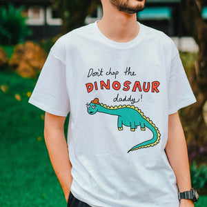 Don't Chop The Dinosaur t-shirt worn outdoors