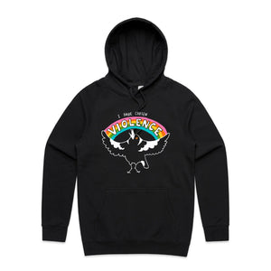 Black Chosen Violence hoodie with a magpie and rainbow, artwork by Claire Harrison for Lonely Kids Club