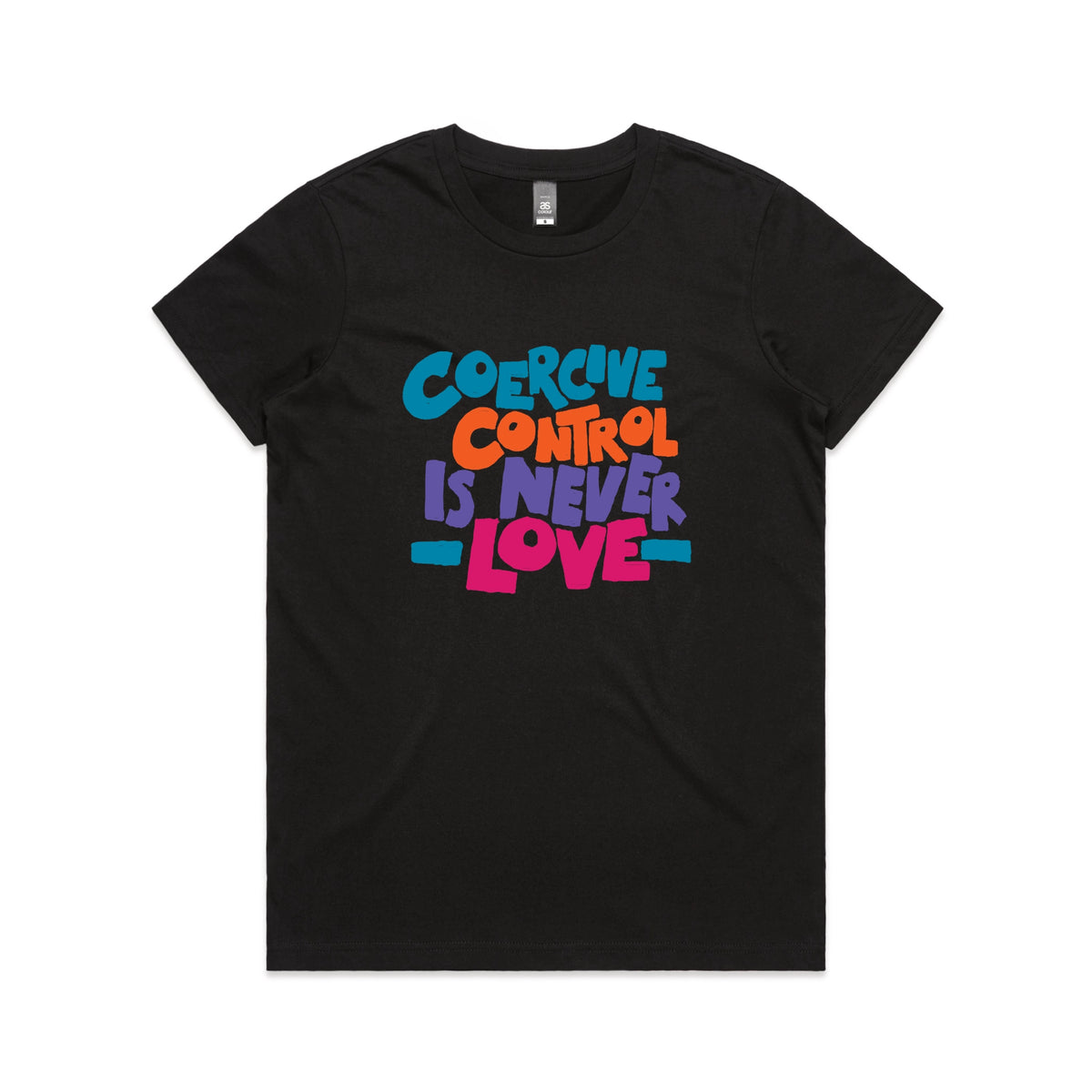 Black fitted womens t-shirt with Coercive Control graphic by Lonely Kids Club