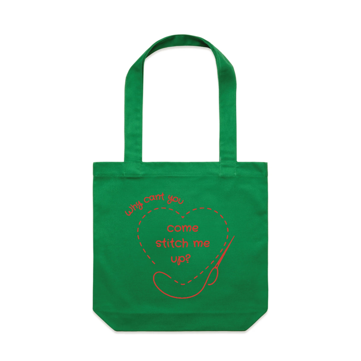 Green carrie tote with Stitch Me Up Tote graphic by Lonely Kids Club