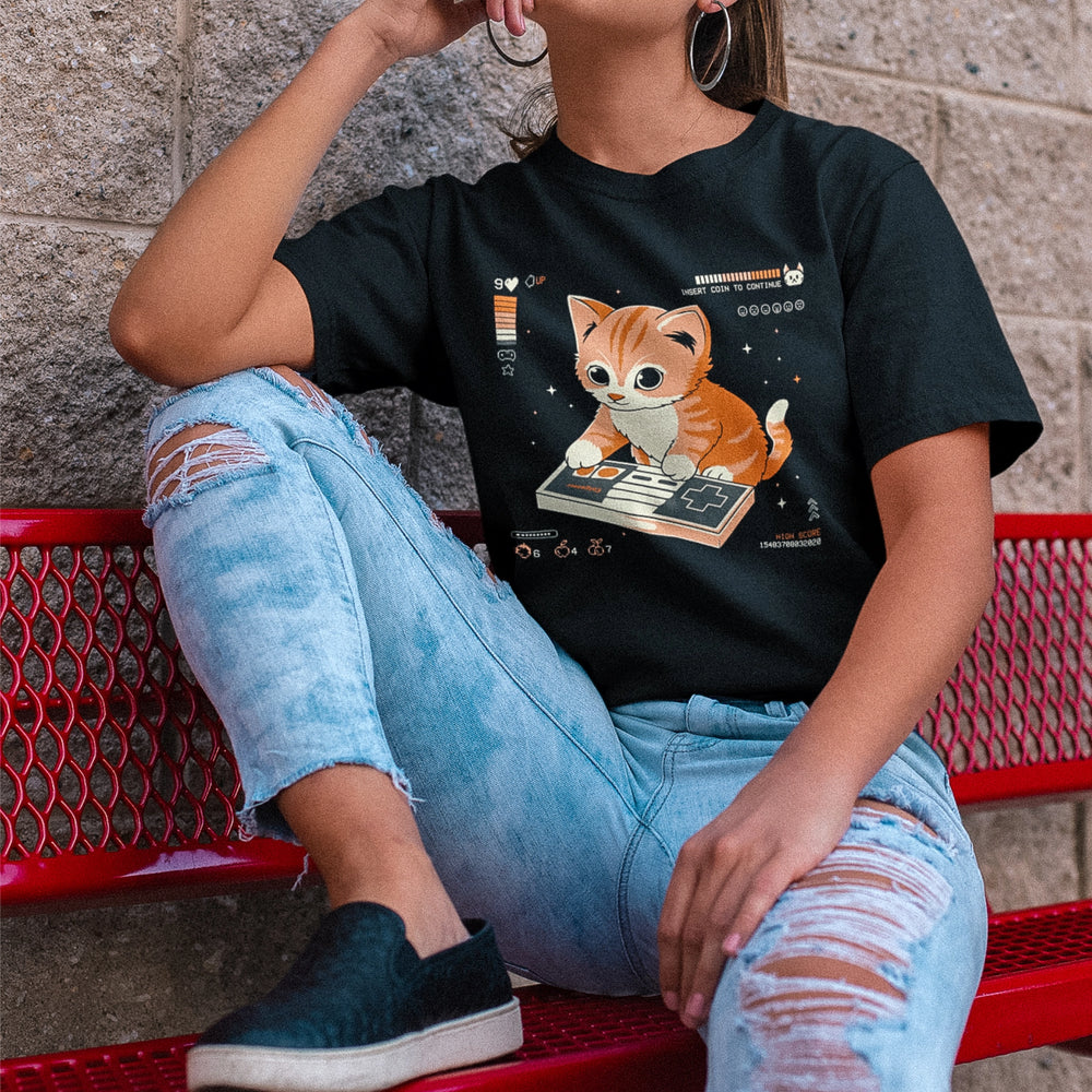 9 Lives Left Tee cat and gaming crossover retro shirt by Lonely Kids Club