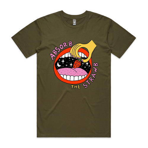 Absorb The Strawb Tee by Lonely Kids Club. All clothing from our T-shirts to our shorts and hoodies are ethically made, and printed packed and shipped from Sydney.