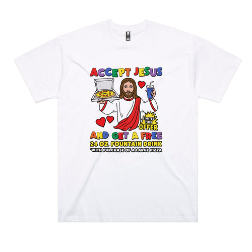 Accept Jesus Tee by Lonely Kids Club. All clothing from our T-shirts to our shorts and hoodies are ethically made, and printed packed and shipped from Sydney.