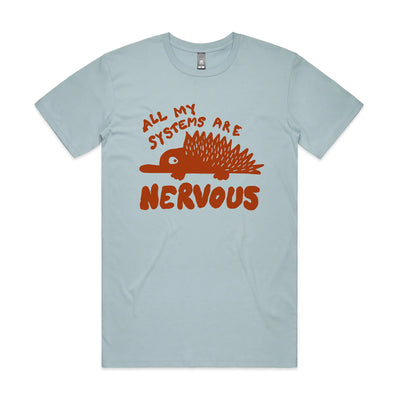 All My Systems Are Nervous Tee by Lonely Kids Club. All clothing from our T-shirts to our shorts and hoodies are ethically made, and printed packed and shipped from Sydney.