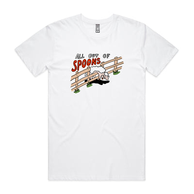 All Out Of Spoons Tee by Lonely Kids Club. All clothing from our T-shirts to our shorts and hoodies are ethically made, and printed packed and shipped from Sydney.