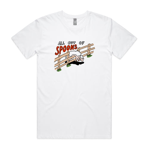 All Out Of Spoons Tee by Lonely Kids Club. All clothing from our T-shirts to our shorts and hoodies are ethically made, and printed packed and shipped from Sydney.