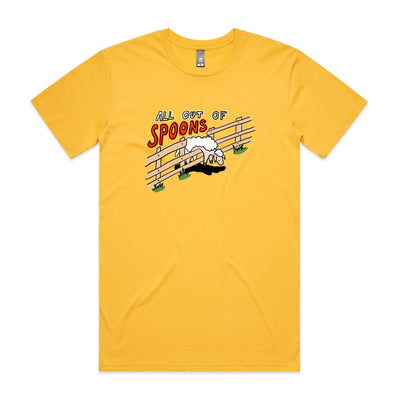 All Out Of Spoons Tee by Lonely Kids Club. All clothing from our T-shirts to our shorts and hoodies are ethically made, and printed packed and shipped from Sydney.