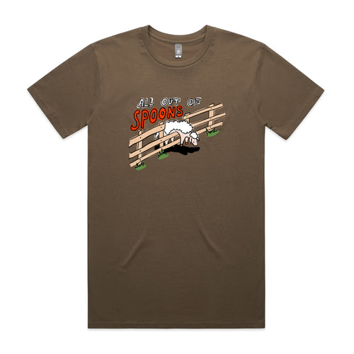 All Out Of Spoons Tee by Lonely Kids Club. All clothing from our T-shirts to our shorts and hoodies are ethically made, and printed packed and shipped from Sydney.