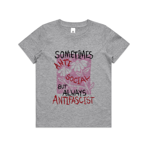Always Antifascist Kids Tee by Lonely Kids Club. All clothing from our T-shirts to our shorts and hoodies are ethically made, and printed packed and shipped from Sydney.