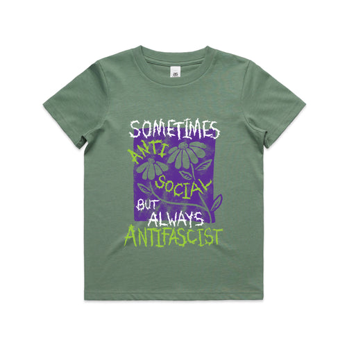 Always Antifascist Kids Tee by Lonely Kids Club. All clothing from our T-shirts to our shorts and hoodies are ethically made, and printed packed and shipped from Sydney.