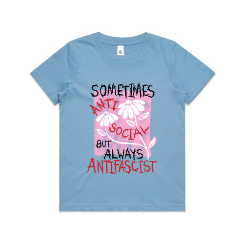 Always Antifascist Kids Tee by Lonely Kids Club. All clothing from our T-shirts to our shorts and hoodies are ethically made, and printed packed and shipped from Sydney.