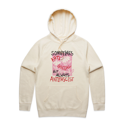 Always Antifascist Hoodie by Lonely Kids Club. All clothing from our T-shirts to our shorts and hoodies are ethically made, and printed packed and shipped from Sydney.