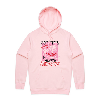 Always Antifascist Hoodie by Lonely Kids Club. All clothing from our T-shirts to our shorts and hoodies are ethically made, and printed packed and shipped from Sydney.