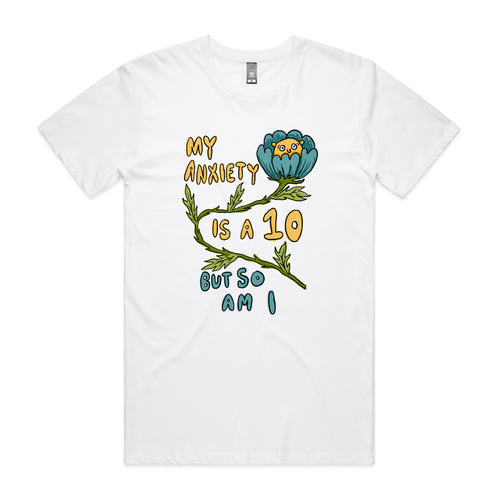 Anxiety Is A 10 Tee by Lonely Kids Club. All clothing from our T-shirts to our shorts and hoodies are ethically made, and printed packed and shipped from Sydney.