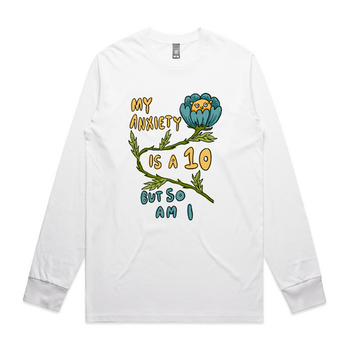 Anxiety Is A 10 Tee by Lonely Kids Club. All clothing from our T-shirts to our shorts and hoodies are ethically made, and printed packed and shipped from Sydney.