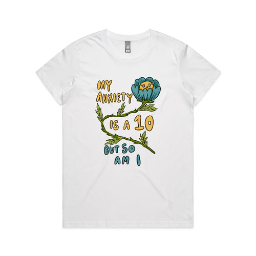 Anxiety Is A 10 Tee by Lonely Kids Club. All clothing from our T-shirts to our shorts and hoodies are ethically made, and printed packed and shipped from Sydney.