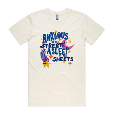 Anxious In The Streets by Lonely Kids Club. All clothing from our T-shirts to our shorts and hoodies are ethically made, and printed packed and shipped from Sydney.