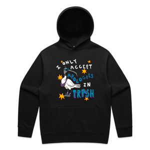 Apologies In Trash Hoodie by Lonely Kids Club. All clothing from our T-shirts to our shorts and hoodies are ethically made, and printed packed and shipped from Sydney.