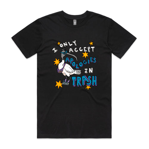 Apologies In Trash Tee by Lonely Kids Club. All clothing from our T-shirts to our shorts and hoodies are ethically made, and printed packed and shipped from Sydney.