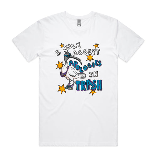 Apologies In Trash Tee by Lonely Kids Club. All clothing from our T-shirts to our shorts and hoodies are ethically made, and printed packed and shipped from Sydney.