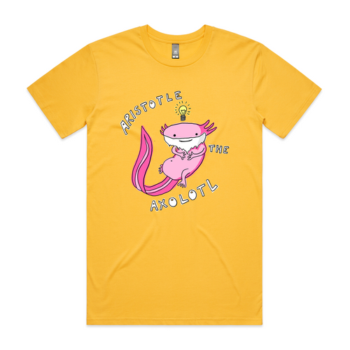 Aristotle The Axolotl Tee by Lonely Kids Club. All clothing from our T-shirts to our shorts and hoodies are ethically made, and printed packed and shipped from Sydney.