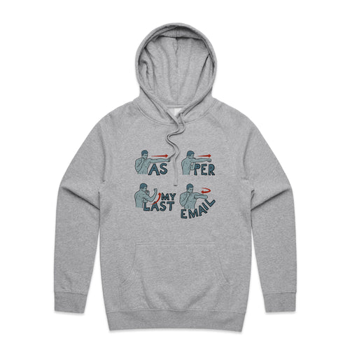 As Per My Last Email Hoodie by Lonely Kids Club. All clothing from our T-shirts to our shorts and hoodies are ethically made, and printed packed and shipped from Sydney.