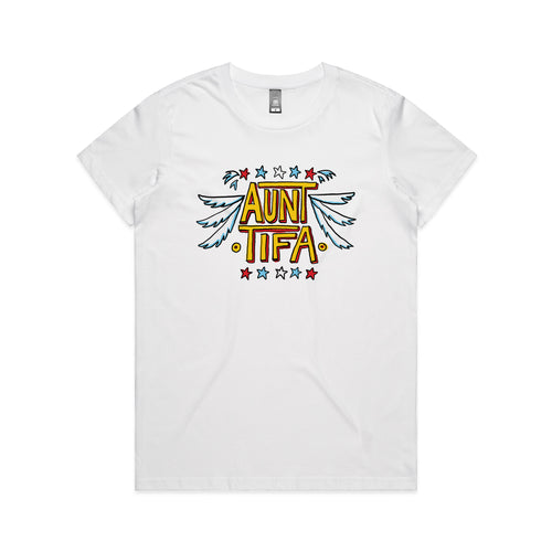 Aunt Tifa Tee by Lonely Kids Club. All clothing from our T-shirts to our shorts and hoodies are ethically made, and printed packed and shipped from Sydney.