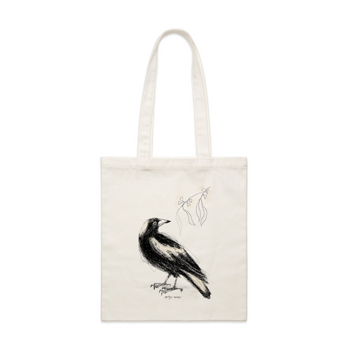 Australian Magpie Tote by Lonely Kids Club. All clothing from our T-shirts to our shorts and hoodies are ethically made, and printed packed and shipped from Sydney.