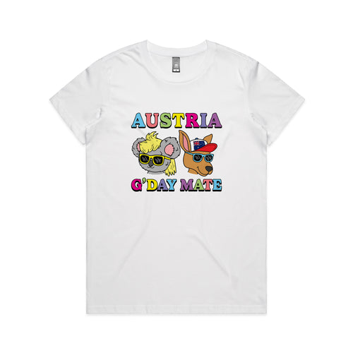 Austria G'Day Mate Tee by Lonely Kids Club. All clothing from our T-shirts to our shorts and hoodies are ethically made, and printed packed and shipped from Sydney.