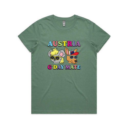 Austria G'Day Mate Tee by Lonely Kids Club. All clothing from our T-shirts to our shorts and hoodies are ethically made, and printed packed and shipped from Sydney.