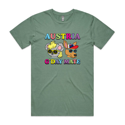 Austria G'Day Mate Tee by Lonely Kids Club. All clothing from our T-shirts to our shorts and hoodies are ethically made, and printed packed and shipped from Sydney.