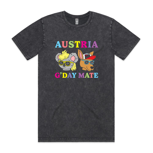 Austria G'Day Mate Tee by Lonely Kids Club. All clothing from our T-shirts to our shorts and hoodies are ethically made, and printed packed and shipped from Sydney.