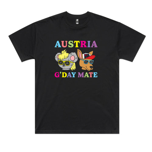 Austria G'Day Mate Tee by Lonely Kids Club. All clothing from our T-shirts to our shorts and hoodies are ethically made, and printed packed and shipped from Sydney.