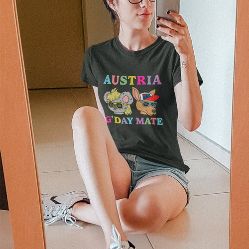 Austria G'Day Mate Tee by Lonely Kids Club. All clothing from our T-shirts to our shorts and hoodies are ethically made, and printed packed and shipped from Sydney.