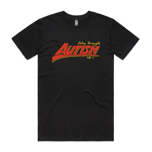 Extra Strength Autism Tee by Lonely Kids Club. All clothing from our T-shirts to our shorts and hoodies are ethically made, and printed packed and shipped from Sydney.