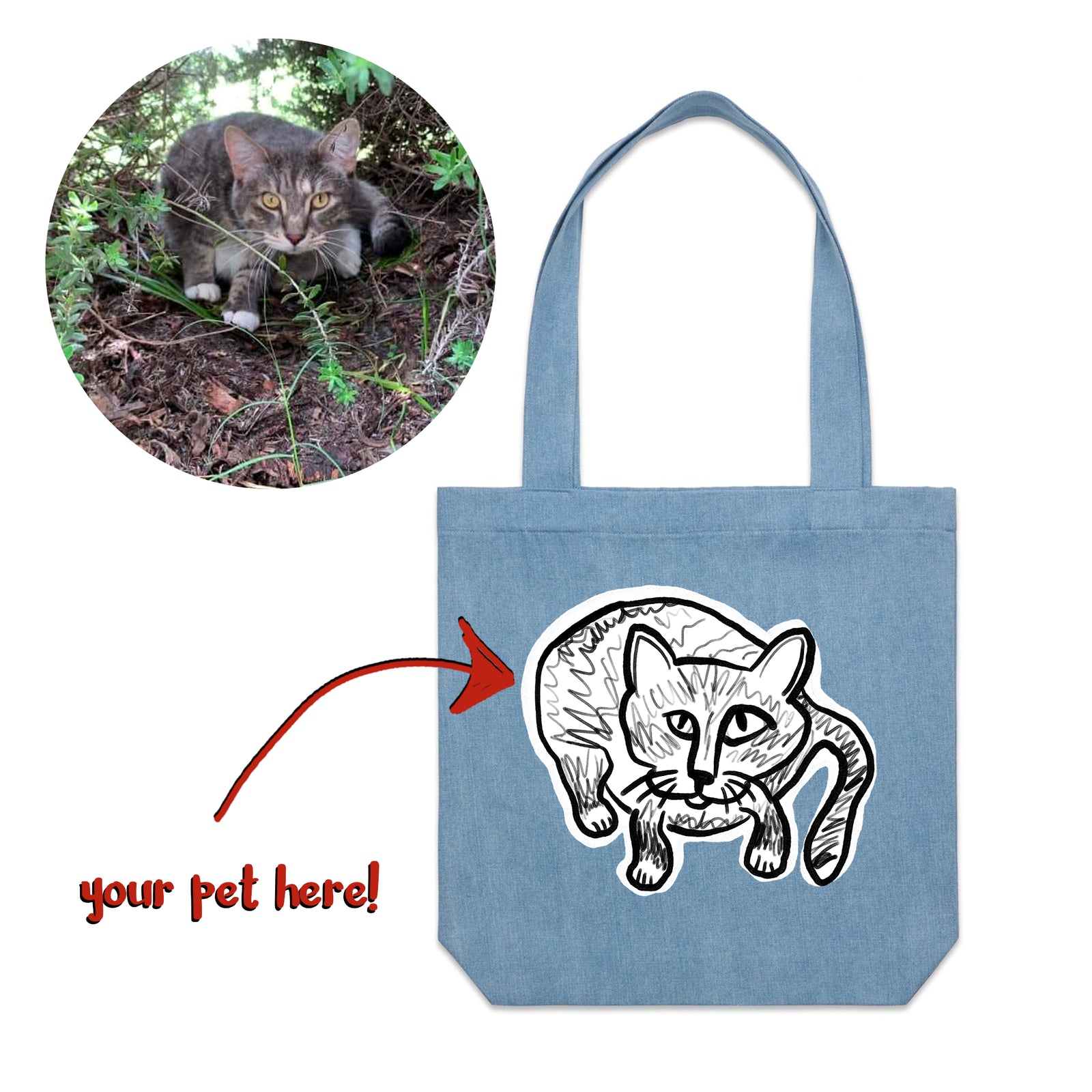 Badly Drawn Pet Tote by Lonely Kids Club. All clothing from our T-shirts to our shorts and hoodies are ethically made, and printed packed and shipped from Sydney.