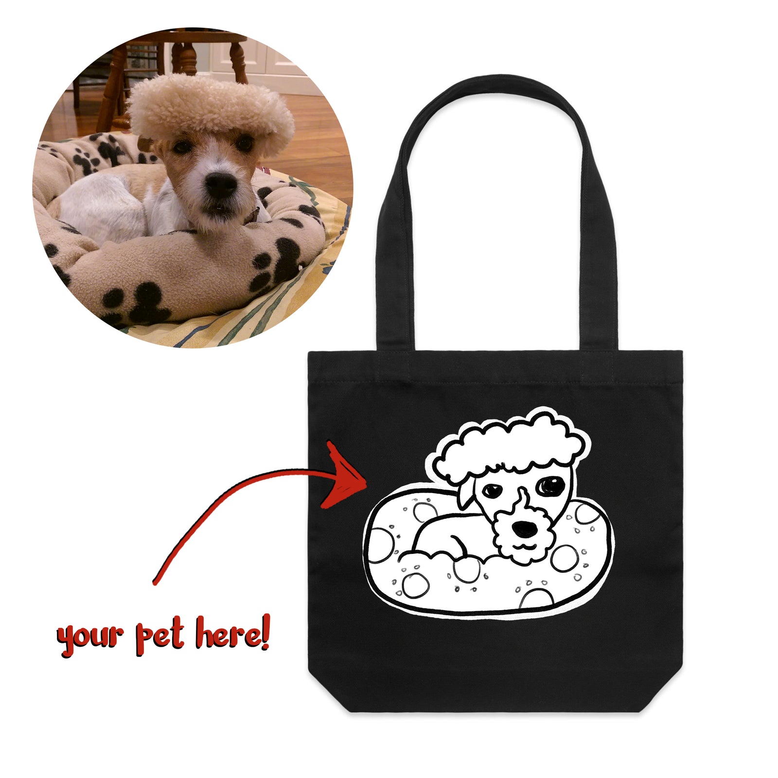 Badly Drawn Pet Tote by Lonely Kids Club. All clothing from our T-shirts to our shorts and hoodies are ethically made, and printed packed and shipped from Sydney.