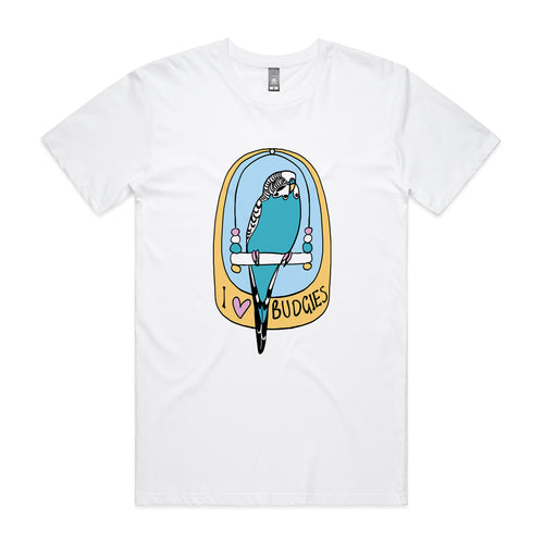 I Love Budgies Tee by Lonely Kids Club. All clothing from our T-shirts to our shorts and hoodies are ethically made, and printed packed and shipped from Sydney.
