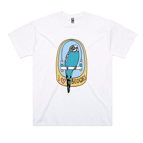 I Love Budgies Tee by Lonely Kids Club. All clothing from our T-shirts to our shorts and hoodies are ethically made, and printed packed and shipped from Sydney.