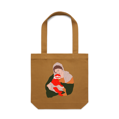 Baby Cheesus Tote by Lonely Kids Club. All clothing from our T-shirts to our shorts and hoodies are ethically made, and printed packed and shipped from Sydney.