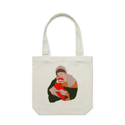 Baby Cheesus Tote by Lonely Kids Club. All clothing from our T-shirts to our shorts and hoodies are ethically made, and printed packed and shipped from Sydney.