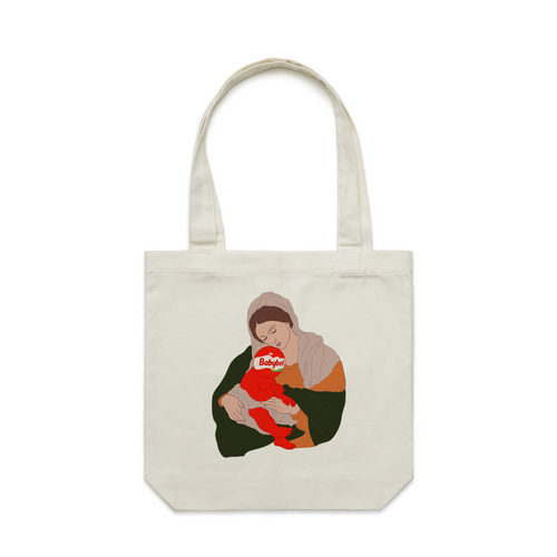 Baby Cheesus Tote by Lonely Kids Club. All clothing from our T-shirts to our shorts and hoodies are ethically made, and printed packed and shipped from Sydney.