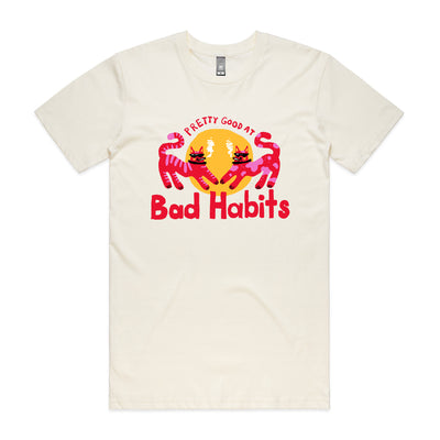 Bad Habits Tee by Lonely Kids Club. All clothing from our T-shirts to our shorts and hoodies are ethically made, and printed packed and shipped from Sydney.