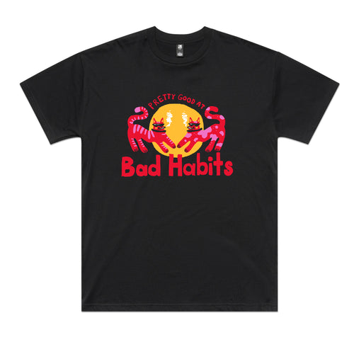 Bad Habits Tee by Lonely Kids Club. All clothing from our T-shirts to our shorts and hoodies are ethically made, and printed packed and shipped from Sydney.