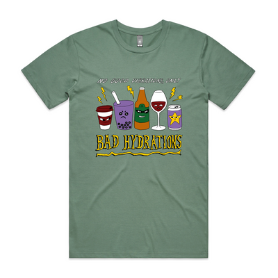 Bad Hydrations Tee by Lonely Kids Club. All clothing from our T-shirts to our shorts and hoodies are ethically made, and printed packed and shipped from Sydney.