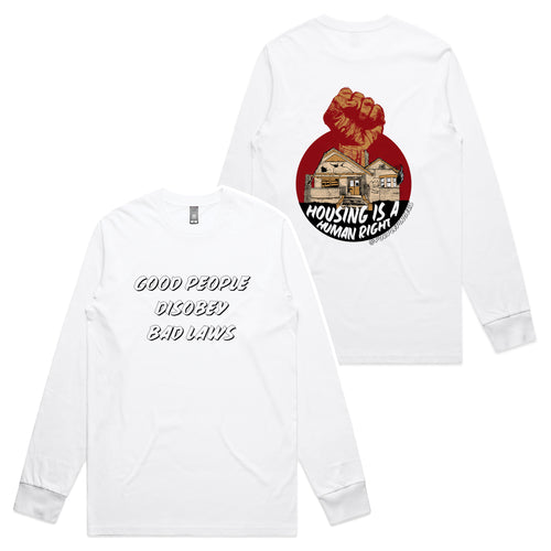 Good People Disobey Bad Laws Tee by Lonely Kids Club. All clothing from our T-shirts to our shorts and hoodies are ethically made, and printed packed and shipped from Sydney.