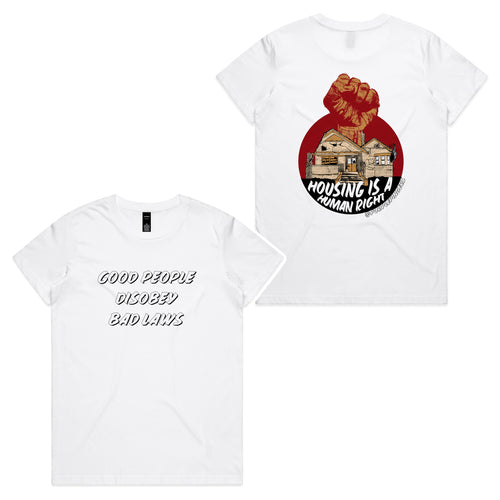Good People Disobey Bad Laws Tee by Lonely Kids Club. All clothing from our T-shirts to our shorts and hoodies are ethically made, and printed packed and shipped from Sydney.