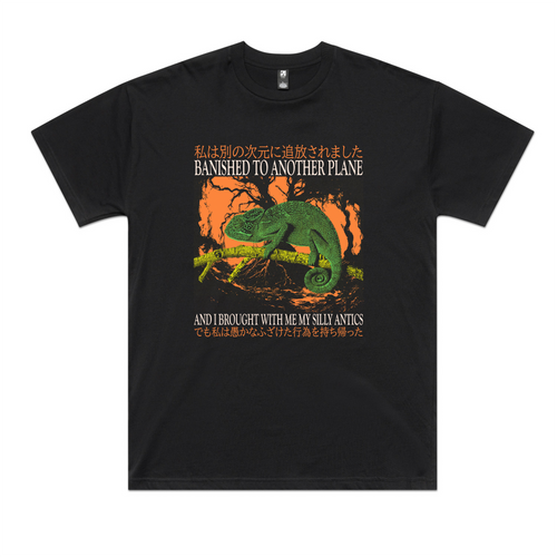 Banished To Another Plane Tee by Lonely Kids Club. All clothing from our T-shirts to our shorts and hoodies are ethically made, and printed packed and shipped from Sydney.