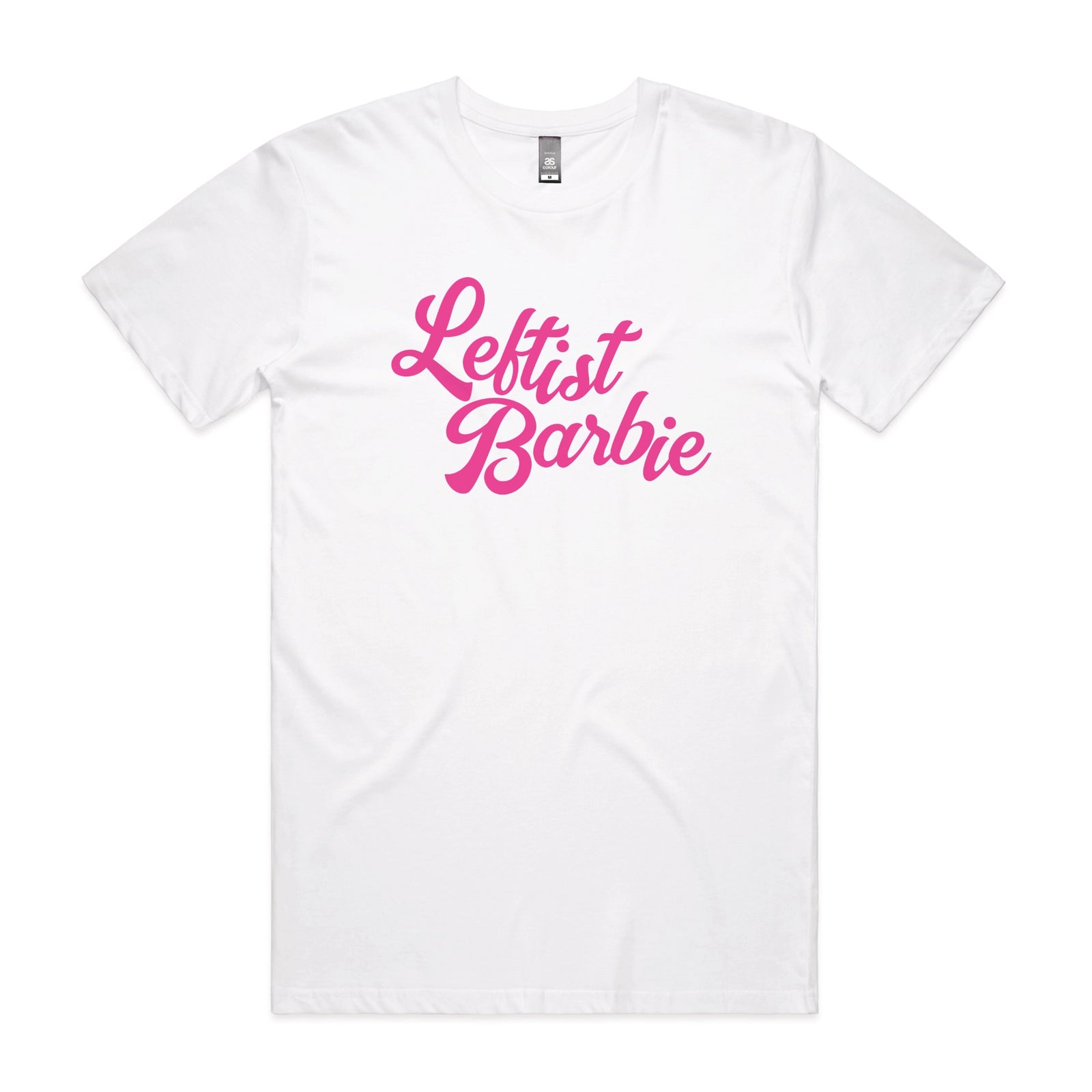 White unisex t-shirt with Leftist Barbie graphic by Lonely Kids Club