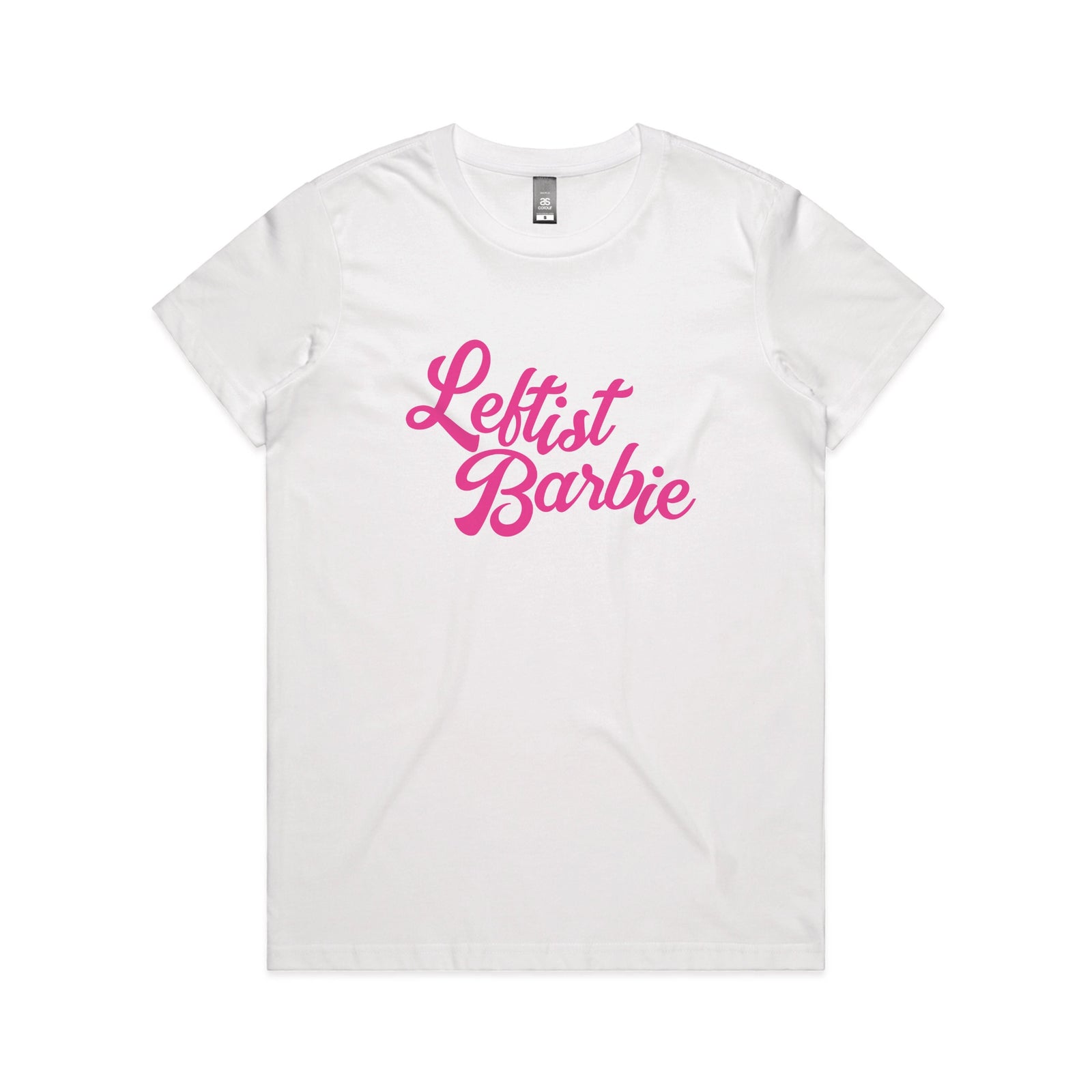 White fitted womens t-shirt with Leftist Barbie graphic by Lonely Kids Club